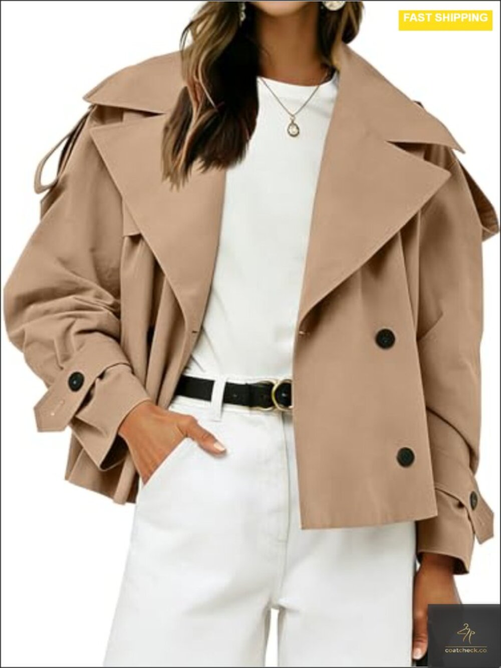Cropped Trench Coat for Women Double Breasted Notched Lapel Belted Lightweight
